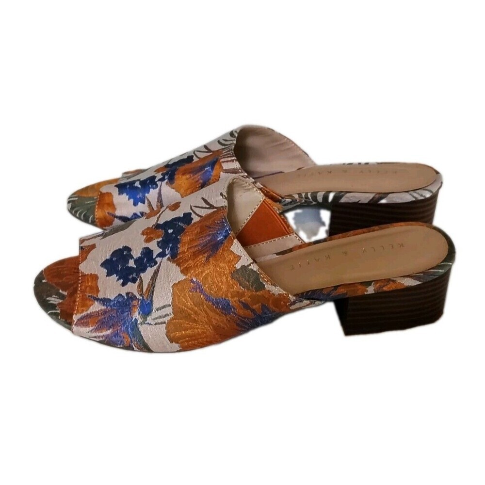 Kelly & Katie Amour Floral Tapestry Mules Open Toe Block Heel Size 7.5
